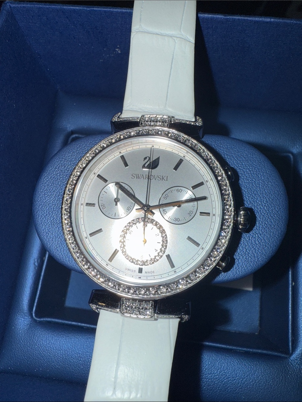 Swarovski Era Journey Silver Dial White Leather Strap Watch